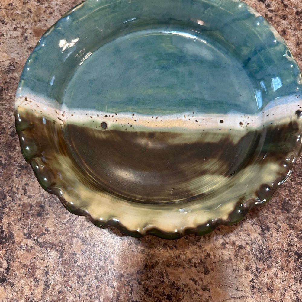 Handcrafted Ceramic Pie Plate in Green and Brown with stamped  recipe